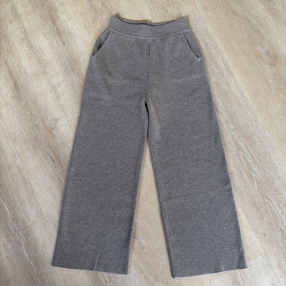 Wool Knit Wide Leg Women's Pants High Rise Pull On Taupe Minimalist Quiet Luxury